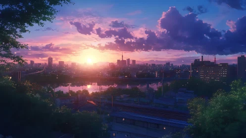 Anime cityscape sunset with riverfront skyline and clouds.