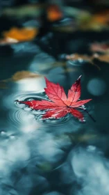 Red maple leaf floating on rippling reflective water surface.