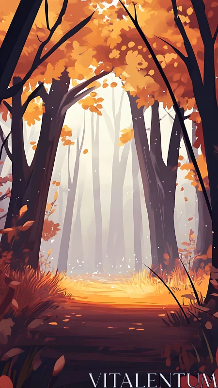 Autumn Forest Path Through Fog and Golden Light.