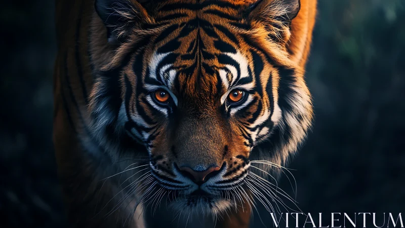 Tiger advances through shadow with intense amber gaze locked