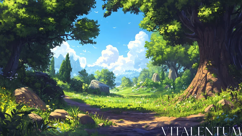 Hierarchical woodland landscape with volumetric atmospheric perspective and digital rendering