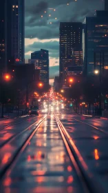 Moody city street with wet rails and distant traffic glow.