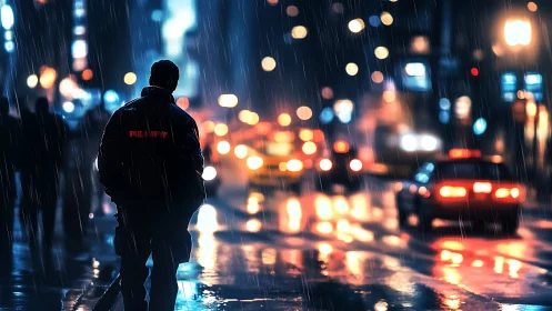 Lone officer walks through neon city streets in heavy rain