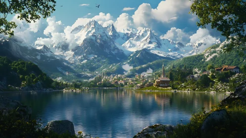 Mountain village reflects on still alpine lake beneath clouds