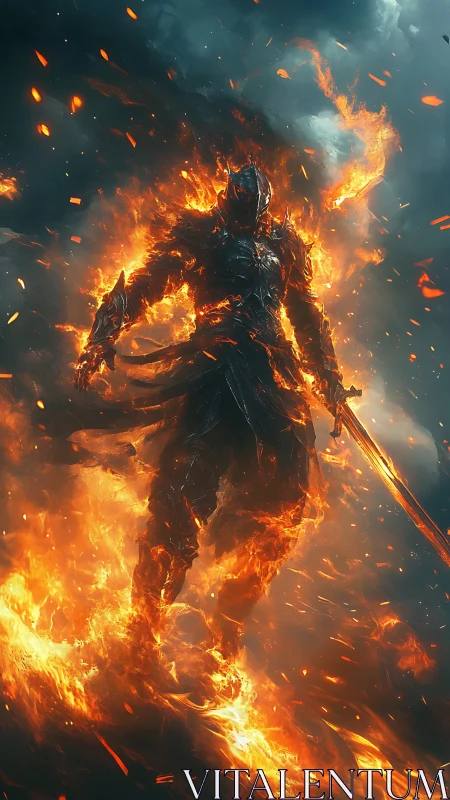 Flaming armored warrior strides through stormlit inferno.