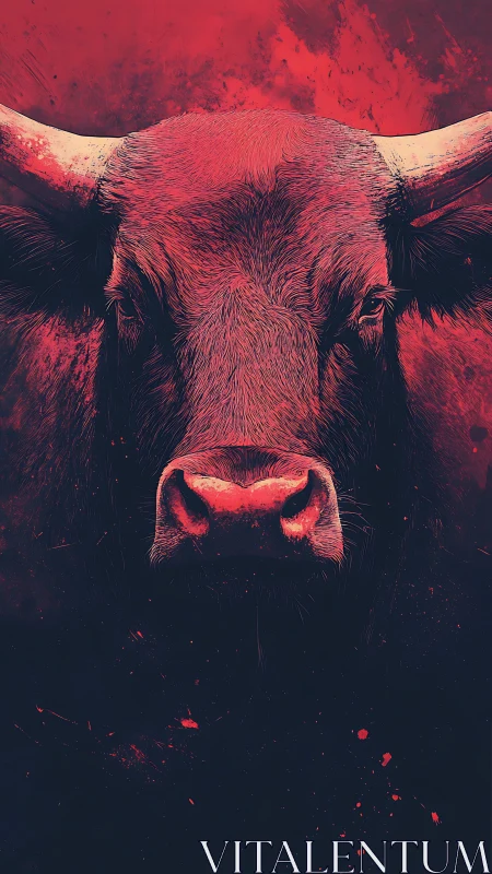 Bold red bull portrait centered on dark abstract field.