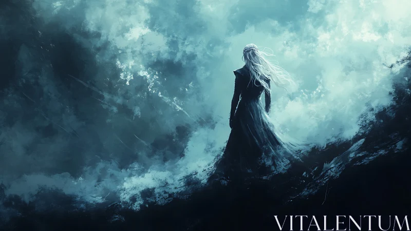 Solitary cloaked figure in storm-lit abstract coastal mist