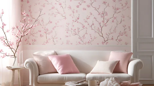 Cherry blossom wallpaper sets a soft romantic living mood.