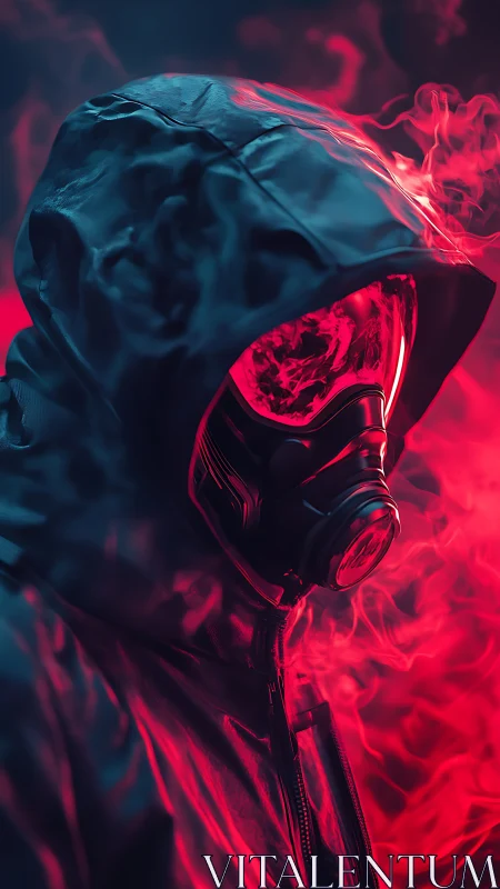 Hooded figure in gas mask stands in red smoke environment