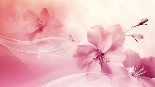 Pink flowers with flowing ribbons on soft gradient background