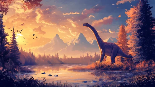 Sauropod dinosaur under glowing alpine sunset sky