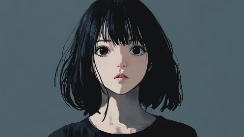 Anime portrait of girl with dark bob against gray backdrop.