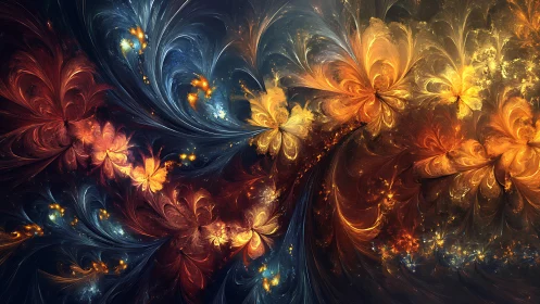 Celestial fractal blooms swirl through cosmic twilight space.