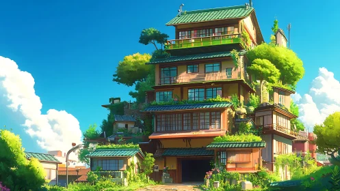 Multi tiered Japanese inn with lush rooftop gardens and sky