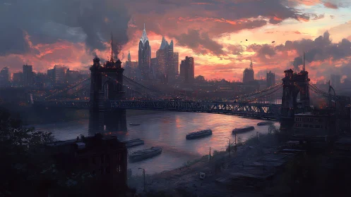 Sunset-lit industrial bridge spans smoggy futuristic city river