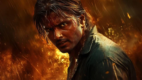 Intense man in rain against fiery orange storm background.