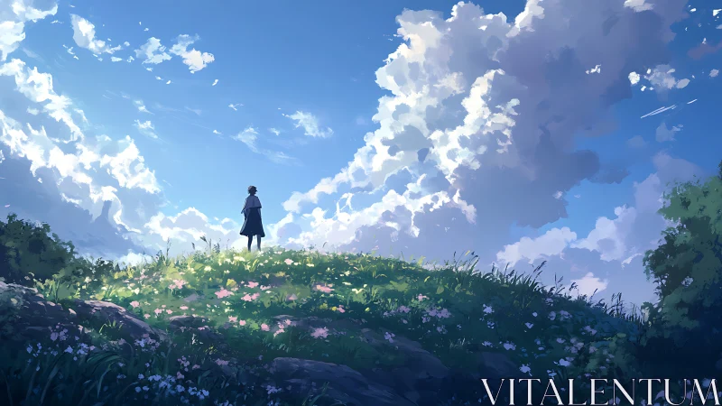 Lone figure on flowered hill under vast summer sky.
