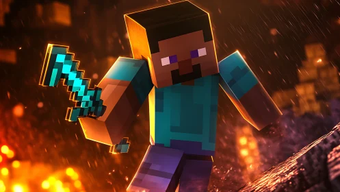 Voxel character wields emissive diamond sword amid dynamic volumetric fire