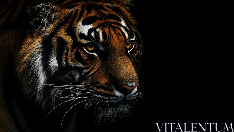 Tiger portrait with intense golden gaze on black background.