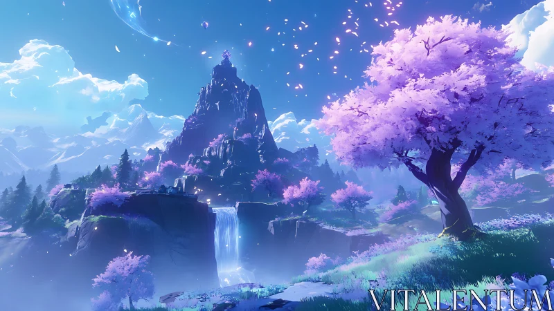 Vibrant fantasy valley with violet trees and waterfall.