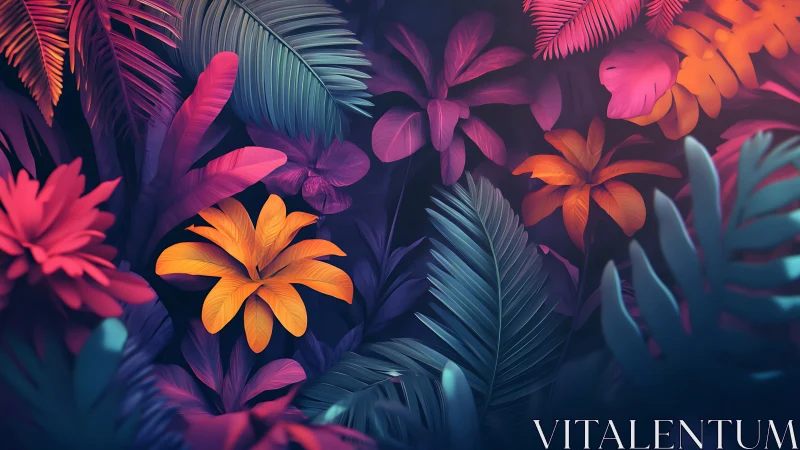 Digital render of tropical flowers with vibrant neon lighting
