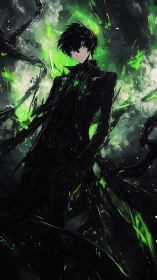 Mystical dark mage stands wrapped in glowing green power