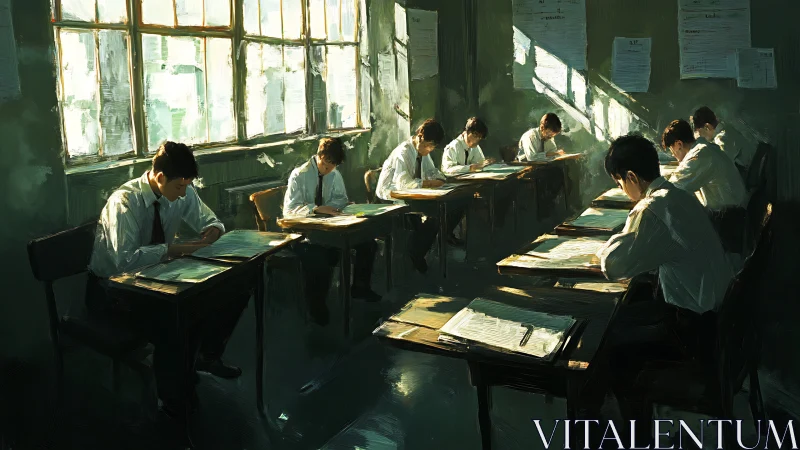 Sunlit exam hall with students immersed in concentrated study.