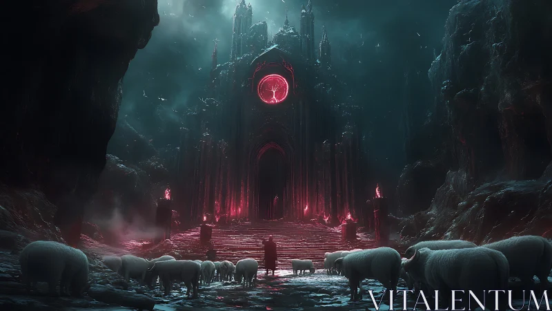 Ovines before necrolithic citadel under crimson aperture.