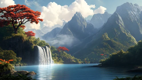 Mountain lake landscape with waterfall and red foliage.