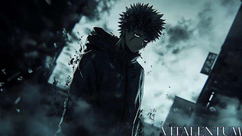 Moody urban antihero in high-contrast cinematic anime frame.