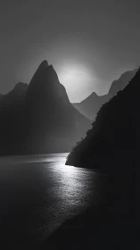 Backlit mountain silhouettes frame a reflective nocturnal inlet