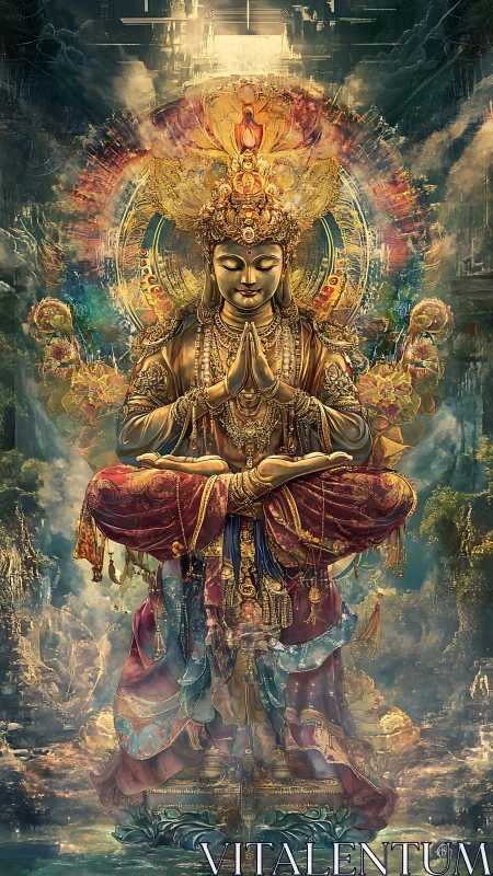 Celestial golden deity meditates amid swirling cosmic light