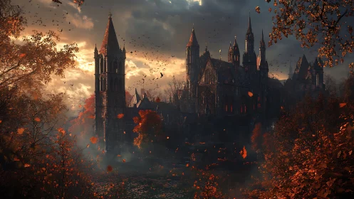 Gothic Castle at Dusk Among Autumn Flames.