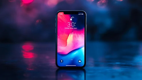 Vibrant iOS Smartphone with Liquid Gradient Wallpaper and Neon Bokeh