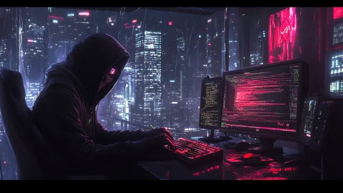 Hooded operator at multi-screen workstation in city night.