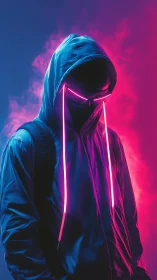 Neon-hooded cyber figure emerges from pink and blue smoke.
