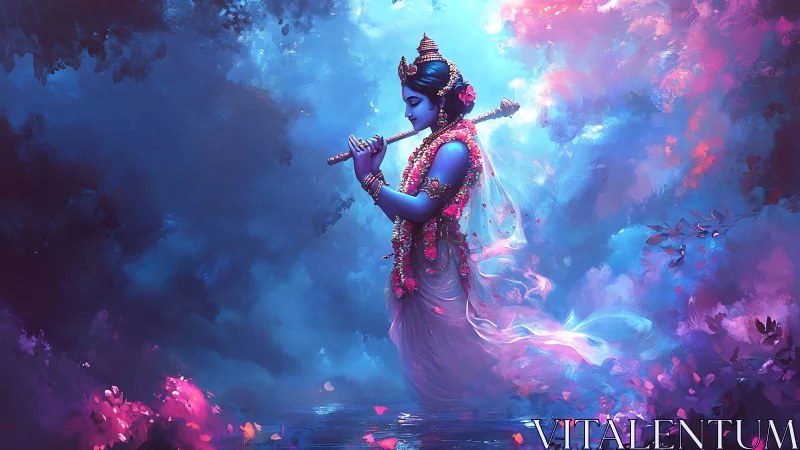 Mystic blue flutist drifting through a dreamlit garden.