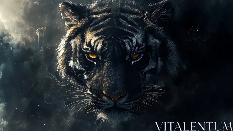 Midnight tiger portrait with molten amber eyes, dark smoke