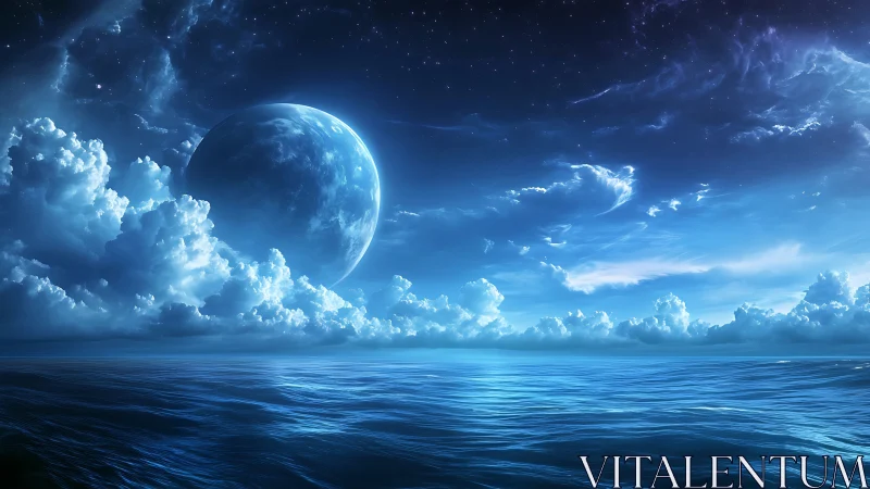 Dreamy cosmic ocean under a glowing distant planet.