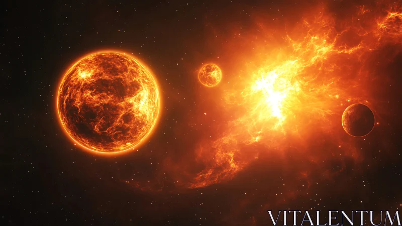 Fiery star cluster igniting planets in dense cosmic field.