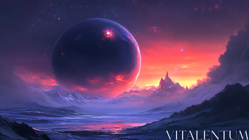 Colossal eclipsing planet dominates an iridescent alien sunrise