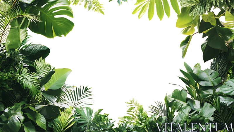 Border of tropical green leaves on clean white background.