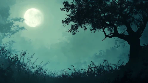 Moonlit misty forest clearing with silhouetted oak tree.