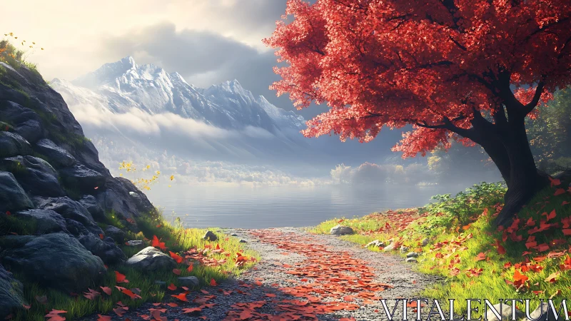 Red tree borders lakeside path before distant snowy peaks