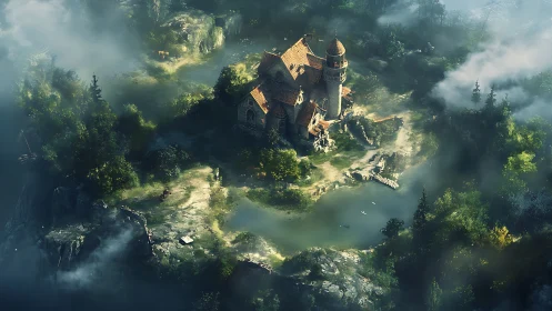 Medieval Fortress Emerges from Misty Forest Canopy.
