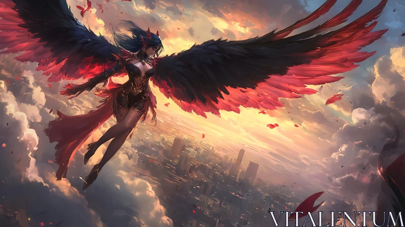 Crimson-winged guardian soaring above a glowing city sky.