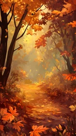 Autumn Forest Path with Golden Light and Falling Leaves.