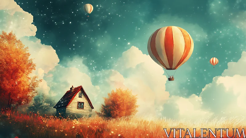 Whimsical hot air balloons drift above cottage landscape.
