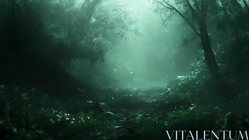 Ethereal Forest Path Illuminated by Atmospheric Light Rays