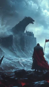 Epic digital painting of warrior confronting fortress dragon.